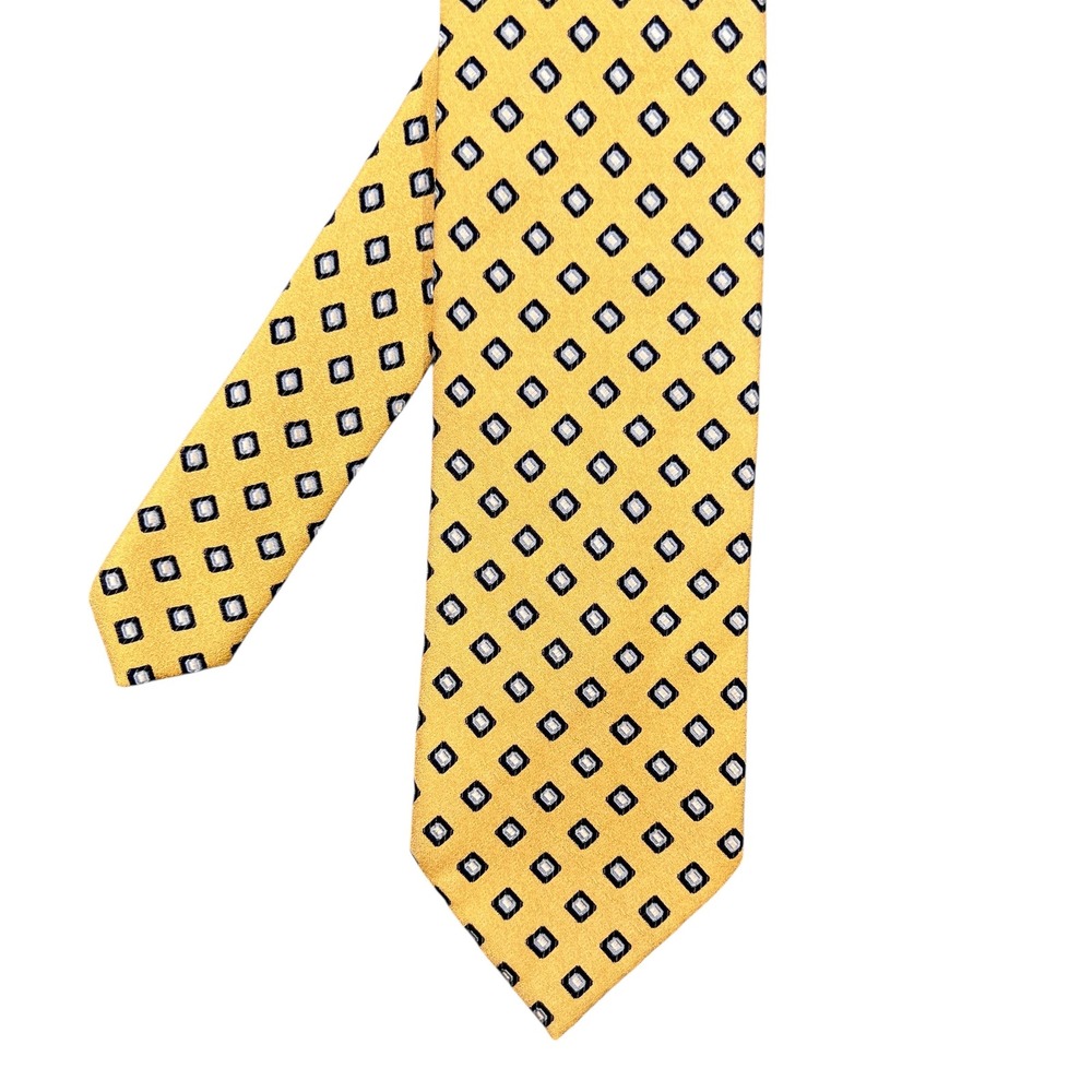 The Foursome Yellow Silk Geometric Necktie Mens OS Handmade Navy Square Pattern